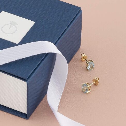 Peora Solid 14K Yellow Gold Aquamarine Earrings for Women, Genuine Gemstone Solitaire Studs, Hypoallergenic 7x5mm Oval Shape, 1.25 Carats total, Friction Back, Blue Aquamarine Jewelry, Jewelry Gift in Saudi Arabia