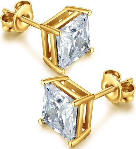18K White Gold Plated 925 Sterling Silver Princess Cut Cubic Zirconia Stud Earrings Square Simulated Diamond CZ Stud Earrings for Women Men Hypoallergenic 4MM-8MM in Kuwait