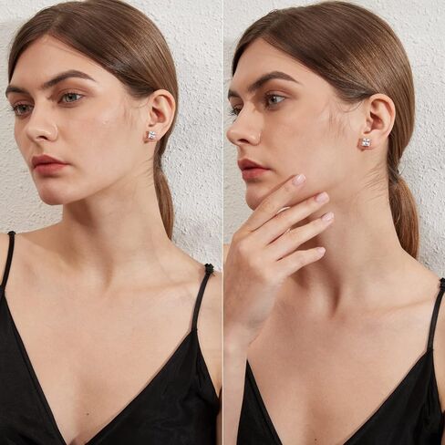 18K White Gold Plated 925 Sterling Silver Princess Cut Cubic Zirconia Stud Earrings Square Simulated Diamond CZ Stud Earrings for Women Men Hypoallergenic 4MM-8MM in Kuwait