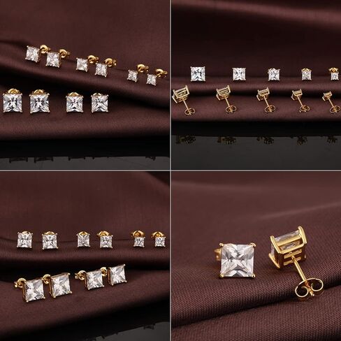 18K White Gold Plated 925 Sterling Silver Princess Cut Cubic Zirconia Stud Earrings Square Simulated Diamond CZ Stud Earrings for Women Men Hypoallergenic 4MM-8MM in Kuwait