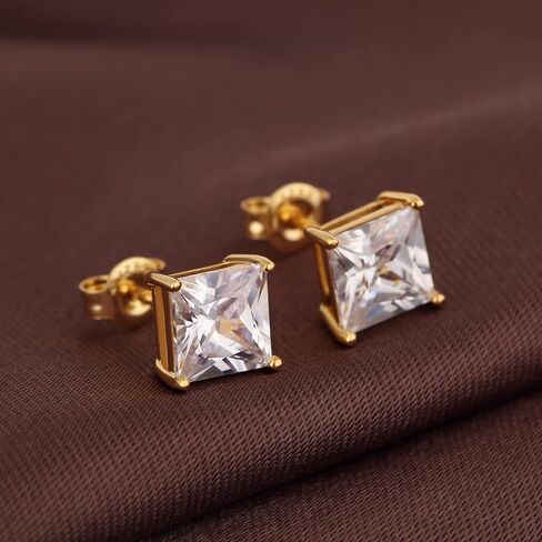 18K White Gold Plated 925 Sterling Silver Princess Cut Cubic Zirconia Stud Earrings Square Simulated Diamond CZ Stud Earrings for Women Men Hypoallergenic 4MM-8MM in Kuwait