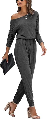 جمبسوت نسائي كاجوال فضفاض مناسب بدون أكتاف وأكمام طويلة وخصر مرن وقابل للتمدد بذلة طويلة مع جيوب in Kuwait