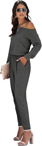 جمبسوت نسائي كاجوال فضفاض مناسب بدون أكتاف وأكمام طويلة وخصر مرن وقابل للتمدد بذلة طويلة مع جيوب in Kuwait