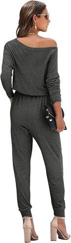 جمبسوت نسائي كاجوال فضفاض مناسب بدون أكتاف وأكمام طويلة وخصر مرن وقابل للتمدد بذلة طويلة مع جيوب in Kuwait