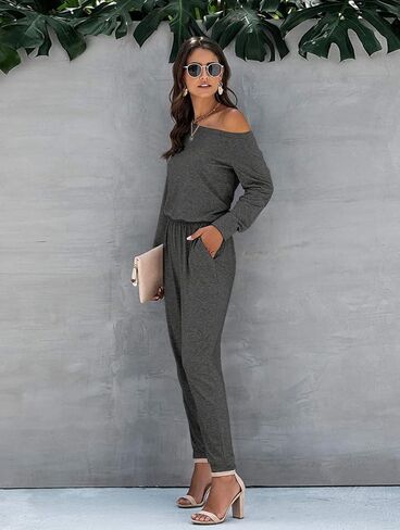 جمبسوت نسائي كاجوال فضفاض مناسب بدون أكتاف وأكمام طويلة وخصر مرن وقابل للتمدد بذلة طويلة مع جيوب in Kuwait