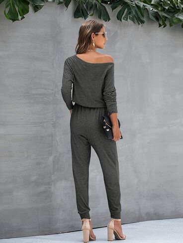 جمبسوت نسائي كاجوال فضفاض مناسب بدون أكتاف وأكمام طويلة وخصر مرن وقابل للتمدد بذلة طويلة مع جيوب in Kuwait