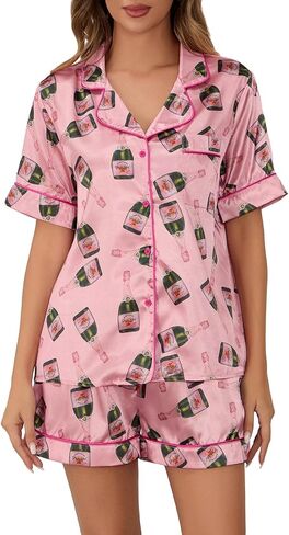 Women Champagne Bottle Pajamas Set Y2k Printed Button Down Shirt and Shorts Sleepwear 2 Piece Pjs Set in Saudi Arabia