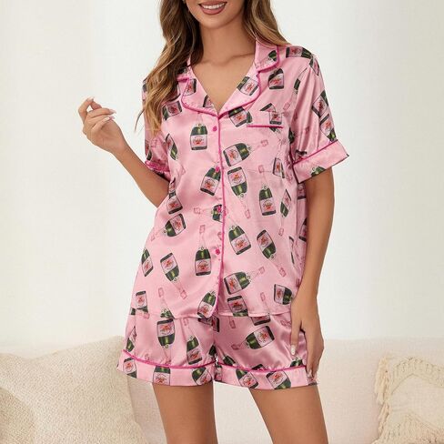Women Champagne Bottle Pajamas Set Y2k Printed Button Down Shirt and Shorts Sleepwear 2 Piece Pjs Set in Saudi Arabia