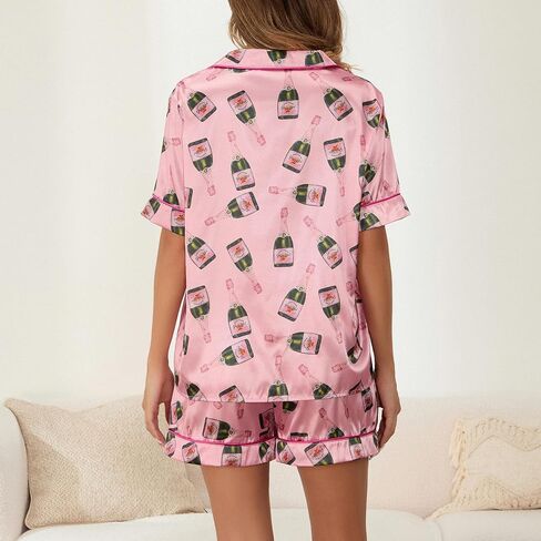 Women Champagne Bottle Pajamas Set Y2k Printed Button Down Shirt and Shorts Sleepwear 2 Piece Pjs Set in Saudi Arabia