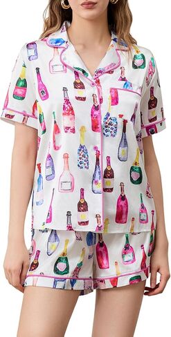 Women Champagne Bottle Pajamas Set Y2k Printed Button Down Shirt and Shorts Sleepwear 2 Piece Pjs Set in Saudi Arabia