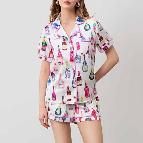 Women Champagne Bottle Pajamas Set Y2k Printed Button Down Shirt and Shorts Sleepwear 2 Piece Pjs Set in Saudi Arabia