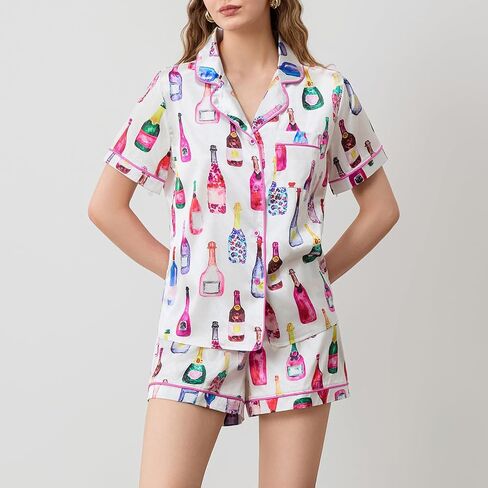 Women Champagne Bottle Pajamas Set Y2k Printed Button Down Shirt and Shorts Sleepwear 2 Piece Pjs Set in Saudi Arabia