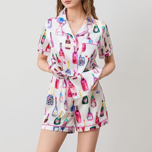 Women Champagne Bottle Pajamas Set Y2k Printed Button Down Shirt and Shorts Sleepwear 2 Piece Pjs Set in Saudi Arabia