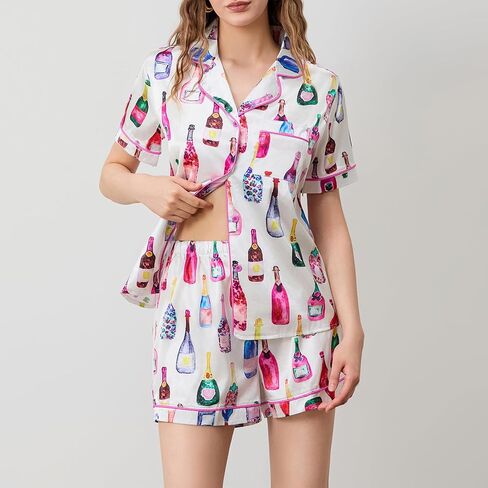 Women Champagne Bottle Pajamas Set Y2k Printed Button Down Shirt and Shorts Sleepwear 2 Piece Pjs Set in Saudi Arabia
