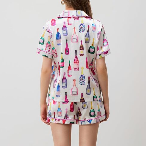 Women Champagne Bottle Pajamas Set Y2k Printed Button Down Shirt and Shorts Sleepwear 2 Piece Pjs Set in Saudi Arabia
