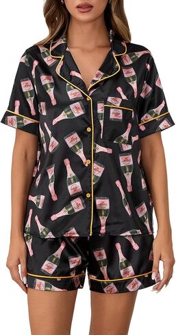 Women Champagne Bottle Pajamas Set Y2k Printed Button Down Shirt and Shorts Sleepwear 2 Piece Pjs Set in Saudi Arabia