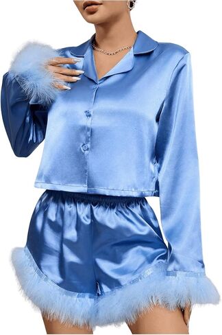 MakeMeChic Women's 2 Piece Pajama Sets Fuzzy Long Sleeve Button Down Cropped Shirt and Shorts PJ Set in Saudi Arabia