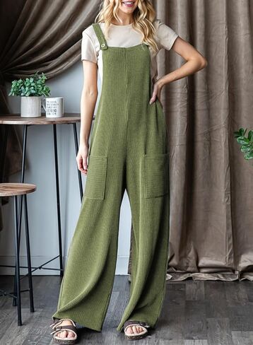 Dokotoo Women's Casual Jumpsuits Ribbed Front Pocket Loose Overalls One Piece Sleeveless Wide Leg Long Pant Rompers in Saudi Arabia