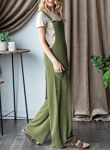 Dokotoo Women's Casual Jumpsuits Ribbed Front Pocket Loose Overalls One Piece Sleeveless Wide Leg Long Pant Rompers in Saudi Arabia