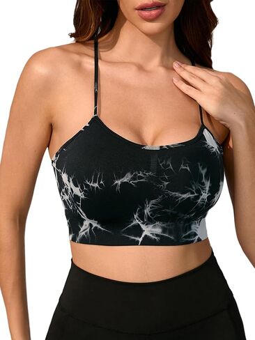 Women's Sports Bras Gym Yoga Crop Bra Seamless Tie-dye Strappy Racerback Spaghetti Strap Bras with Removable Pads in Saudi Arabia