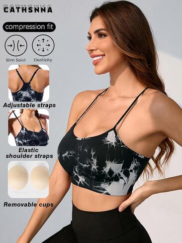 Women's Sports Bras Gym Yoga Crop Bra Seamless Tie-dye Strappy Racerback Spaghetti Strap Bras with Removable Pads in Saudi Arabia