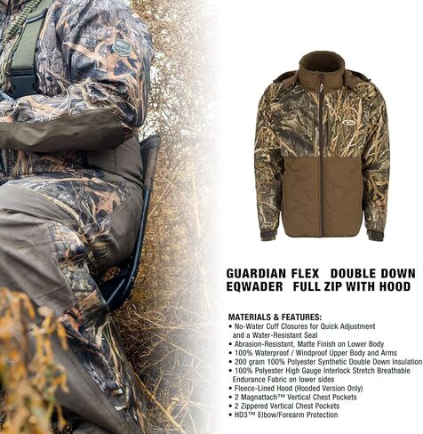 سترة صيد Drake Waterfowl الرجالية LST Guardian Flex Double Down Eqwader بسحاب كامل، سترة صيد معزولة مقاومة للماء مع غطاء للرأس in Saudi Arabia