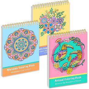 LORHAKI Adult Coloring Book for Women, 3 Spiral Bound Adult Coloring Book Nature Animal Mandala, 200gsm No-Bleed Thick Paper, Optimal for Relaxation and Stress Relief Women Elders Teens
