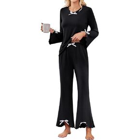 Blooming Jelly Womens Pajama Sets 2 Piece Long Sleeve Loungewear Set Flared Pj Set With Pockets Cute Bow Soft Sleepwear