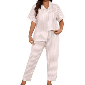 Verdusa Women's Plus Size 2 Piece Striped Pajama Sets Lounge Sleepwear Button Down Shirt with Pants