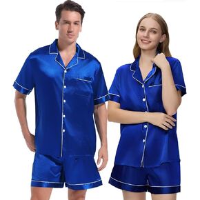 Couple Pajamas Set Satin Short Sleeve Sleepwear 2 Pcs Button Down Pjs Loungewear