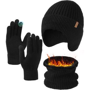 FURTALK Mens Winter Knit Beanie with Earflap Neck Warmer and Gloves Set Warm Fleece Lined Skull Cap