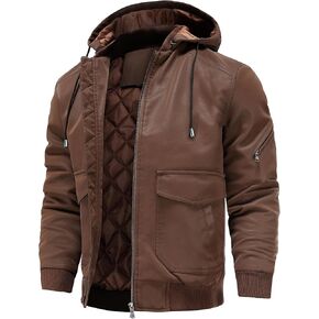 Leather Jackets for Men,Stand Collar Zip Up Motorcycle Biker Bomber Jacket With Removable Hood
