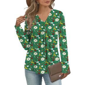 Micoson Womens Casual Long Sleeve Shirts Pleated Button V Neck Tunic Tops Fall 2024