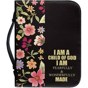Suobstales Elephant Floral Print Bible Cover for Women Men PU Leather Fabric Bible Tote Bag Large Capacity Study Bible Bag with Handle and Zipper Bible Carrying Case Church Bag, L