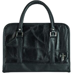 Midnight Black Patchwork Large Print Leather Zippered Purse Style Bible Case Cover