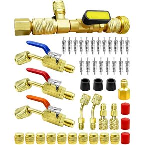 Valve Core Remover Installer Tool Kit with Dual Size SAE 1/4" & 5/16" Port Brass Adapter, A/C Refrigerant Angled Ball Valve 1/4 Inch Fit for R134A R410A R22 R12 R404 R32