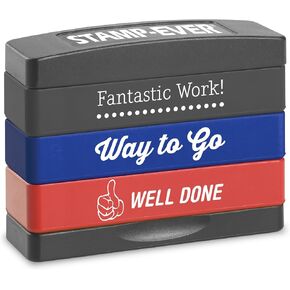 Stakz Pre-Inked Teacher Message Stamp – Fantastic Work, Way to Go, Well Done -Red, Blue and Black Ink – Impression Size: 5/8" x 1-13/16"