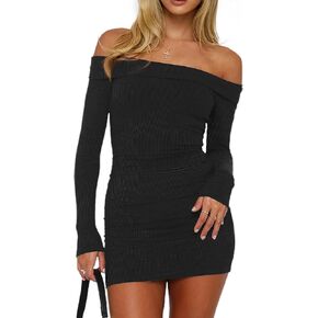 HYPERFIRE Women's Sexy Elegant Off The Shoulder Ribbed Long Sleeve Dress Party Mini Dresses