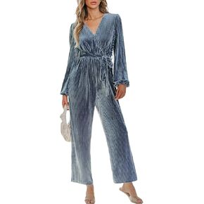 CUPSHE Women's Jumpsuits Ribbed Velvet Belted Long Sleeve Jumpsuit V Neck Outfit Casual Party Dressy