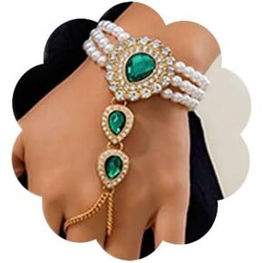 Chunky 1920s Layered Pearls Rhinestone Bracelet Emerald Green Rhinestone Pearl Statement Bracelet Dainty Faux Pearl Rhinestone Bracelet Vintage Layered Pearl Rhinestone Bracelet for Women Girls
