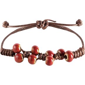 MINACHI Bohemian Red Ceramic Bead Adjustable Leather Bracelet, Boho Hippie Summer Jewelry Gift for Women