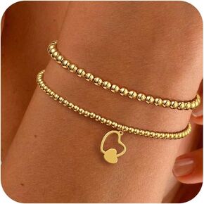 Gold Beaded Bracelets for Women,Dainty 14k Gold Plated Bead Bracelets Stackable Stretch Beads Bracelet Set Simple Trendy Jewelry Gifts for Women