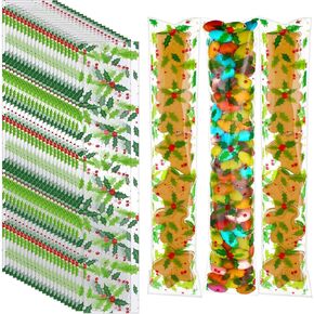 Chiisong 100 Pcs Christmas Snowflakes Cellophane Treat Bags Bulk 2 x 10 Inch Xmas Holly Cello Pretzel Rod Clear Self Adhesive Cellophane Bags for Holiday Goody Bags Baby Shower Party Supply (Holly)