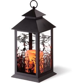 National Tree Company Halloween Lantern with LED Lights, Carved Images of Witches, Haunted House, 12 inches