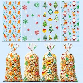 Christmas Goody bag, 100 Christmas cellophane goody bag, 5.04 x 10.6 inch goody bag, Christmas gift wrap, suitable for cookie candy wrap, 4 styles