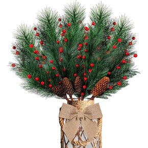 5 Pcs Artificial Christmas Berries Pine Picks Berry Pine Branches with Bow for Wreath DIY Faux Pinecone Craft Floral Arrangement Holiday Season Table Centerpieces and Xmas Tree Decor No Vase