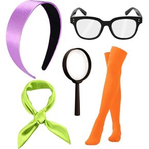 5 Pcs Halloween Friends Costume Include Purple Headband Green Scarf Nerd Glasses Knee Socks and Magnifier for Women Party Dress Up