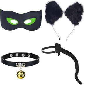 Black Cat Costume Black Cat Ears Headband and Tail Eye Cover Bell Choker Halloween Party Cat Cosplay Dress Up 4PCS