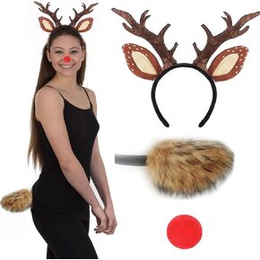 Christmas Deer Costume Accessories Reindeer Antlers Headband with Fawn Tail for Girls Women Halloween Dress Up Cosplay Party