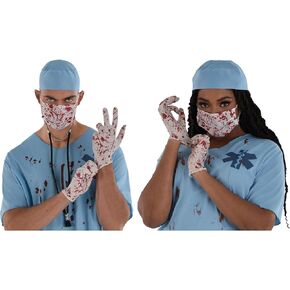 Red & White Bloody Surgeon Accessory Face Mask & Gloves Set For Adult - 1 Count - Unique & Eye-Catching Design, Perfect For Halloween & Costume Parties - One Size Fits All